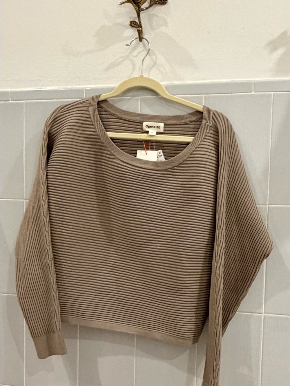 NWT Open Edit Taupe Ribbed Crewneck Sweater